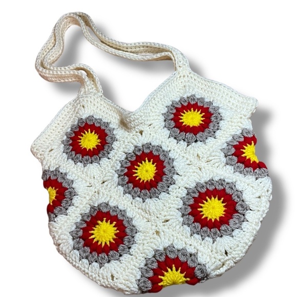 UNBRANDED Hand Crochet Boho Shoulder Bag Floral Motif Unused Unlined - Picture 3 of 8